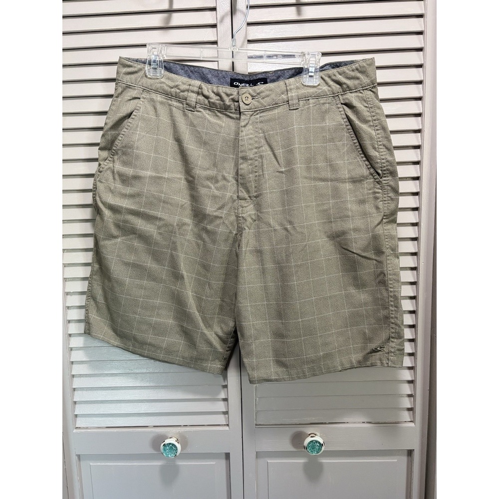 O'Neill Tan/White Plaid Chino Shorts Zip Pockets Logo Size 36 High Rise